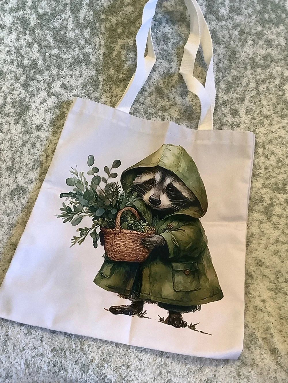 Foraging Raccoon Poly Canvas Tote Bag NWT 13.5x16”